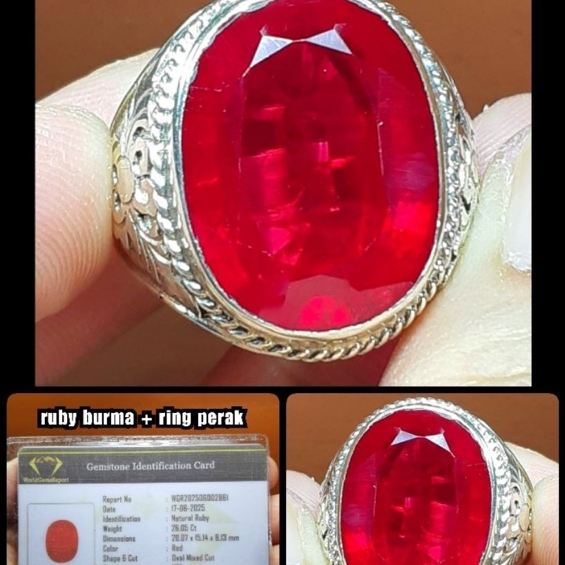 BATU RUBY BURMA SUPER JUMBO PIGEON + RING PERAK SILVER