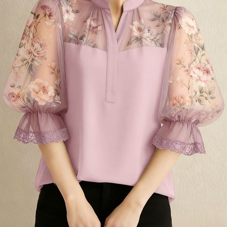 Blus Wanita Elegan Zanzea dengan Motif Bunga dan Lace, Bahan Chiffon, Lengan 3/4 Puff, Kerah V-Neck,