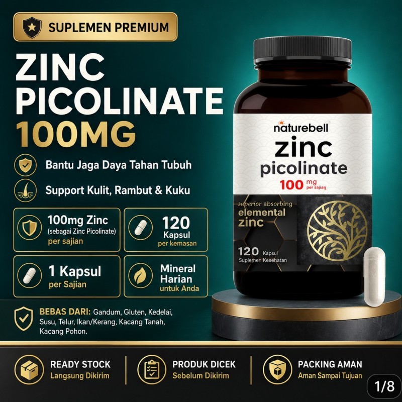 Naturebell Zinc Picolinate 100mg 120 Kapsul Suplemen Zinc Mineral Harian Bantu Daya Tahan Tubuh Kuli