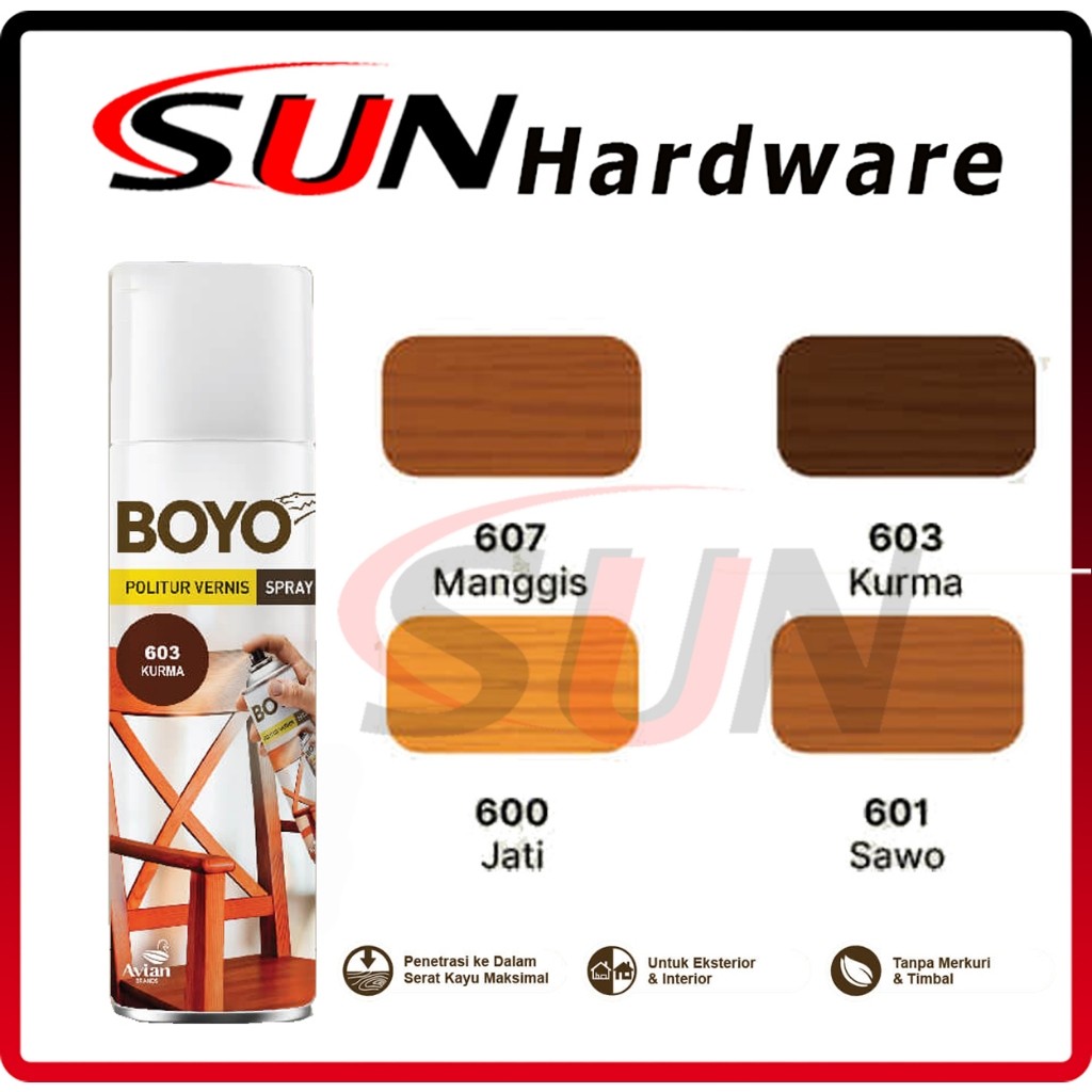 Pilox Boyo Politur Spray 400 cc kayu Jati Manggis Sawo Kurma Cat Semprot Pilok Plitur