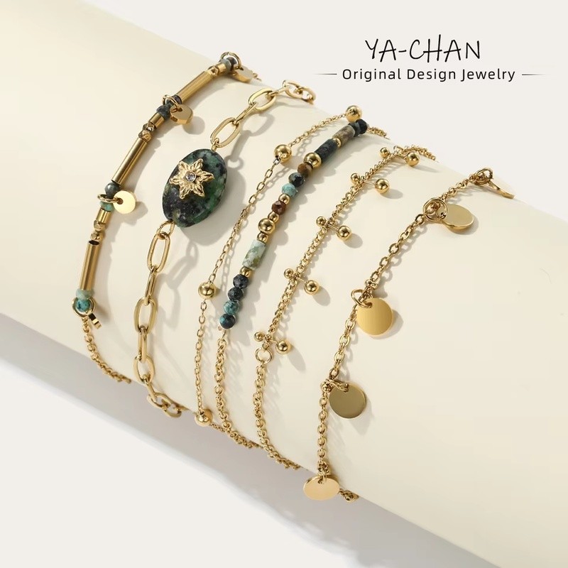 Gelang Rantai Emas YACHAN yang dihiasi dengan Batu Turquoise Afrika Alami, Perhiasan Trendy untuk Wa