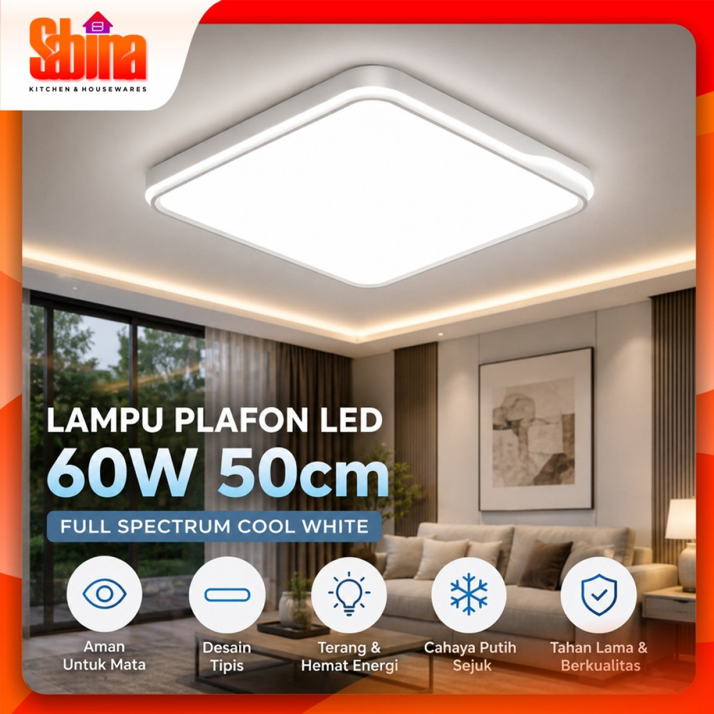Lampu Plafon Kotak LED Minimalis Full Spectrum Cool White 60W 50cm