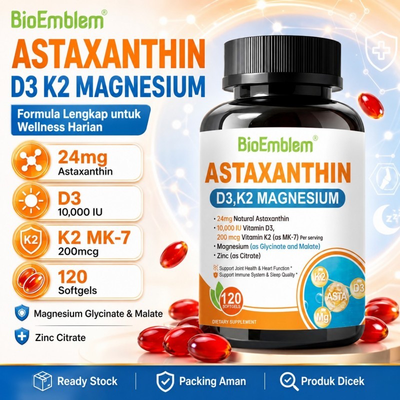 BioEmblem Astaxanthin D3K2 Magnesium Zinc 24mg Antioksidan Imun Tulang 120 Softgels Suplemen D3 K2 M