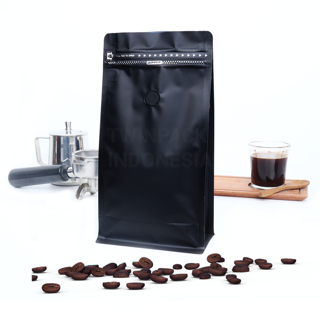 Kemasan Kopi 500 Gram Ziplock Hitam Flat Bottom Packaging Kopi Valve