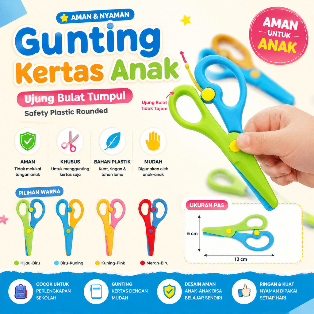 Gunting Aman Anak PAUD/TK - Gunting Plastik Warna Cerah, Ujung Bulat Tumpul Khusus untuk Menggunting