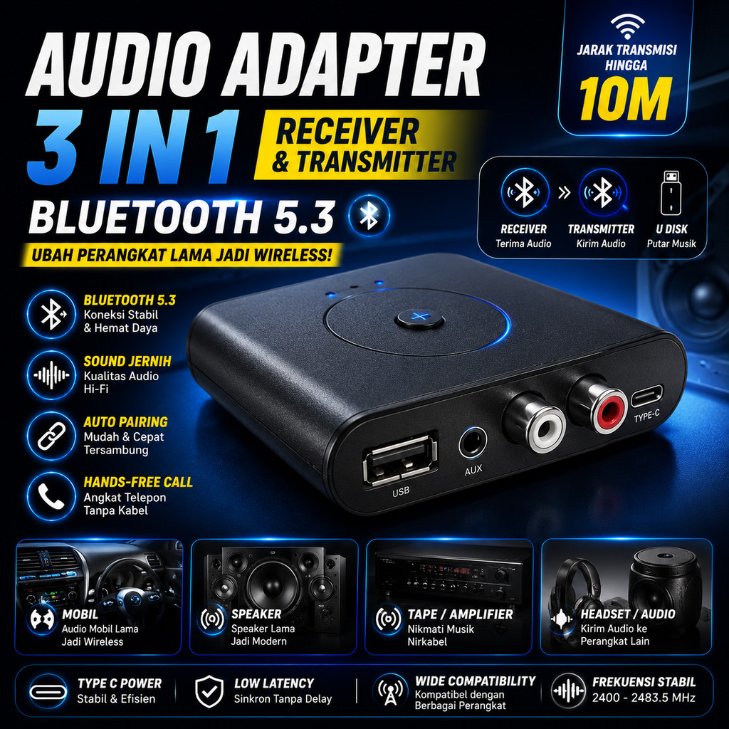 Bluetooth 5.3 Audio Receiver Transmitter RCA AUX U Disk Mic Mobil Tape Speaker Lama Jadi Wireless Ad
