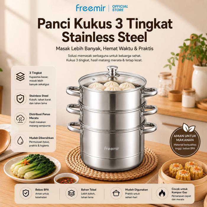 [Exclusive] freemir Panci Kukus 3 Susun Kukusan Tinggi Kukus Dimsum Bolu Multifungsi Stainless Steel