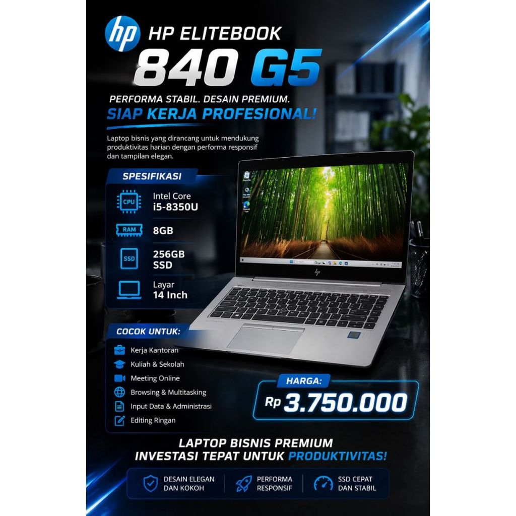 HP EliteBook 840 G5 Intel Core i5-8350U Ram 8Gb Ssd 256Gb