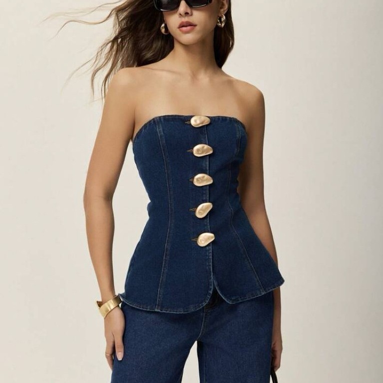 [PRE ORDER] JASTIP SHEIN Denim Strapless Top Atasan Jeans Wanita