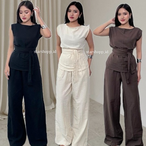 lyodra set linen/one set linen/linen set celana panjang