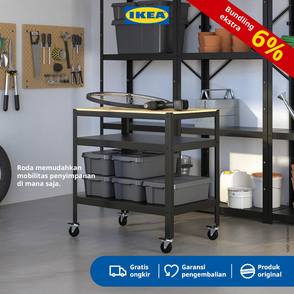 IKEA BROR Troli Dapur / Serbaguna Hitam/Kayu Lapis Pinus 85x55 cm