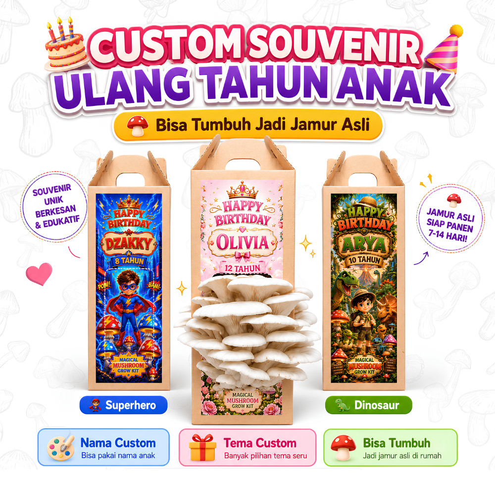 Dunia Jamur - Souvenir Ulang Tahun Anak Custom Nama Tema | Goodie Bag Edukatif | Kado Hadiah Anak Un
