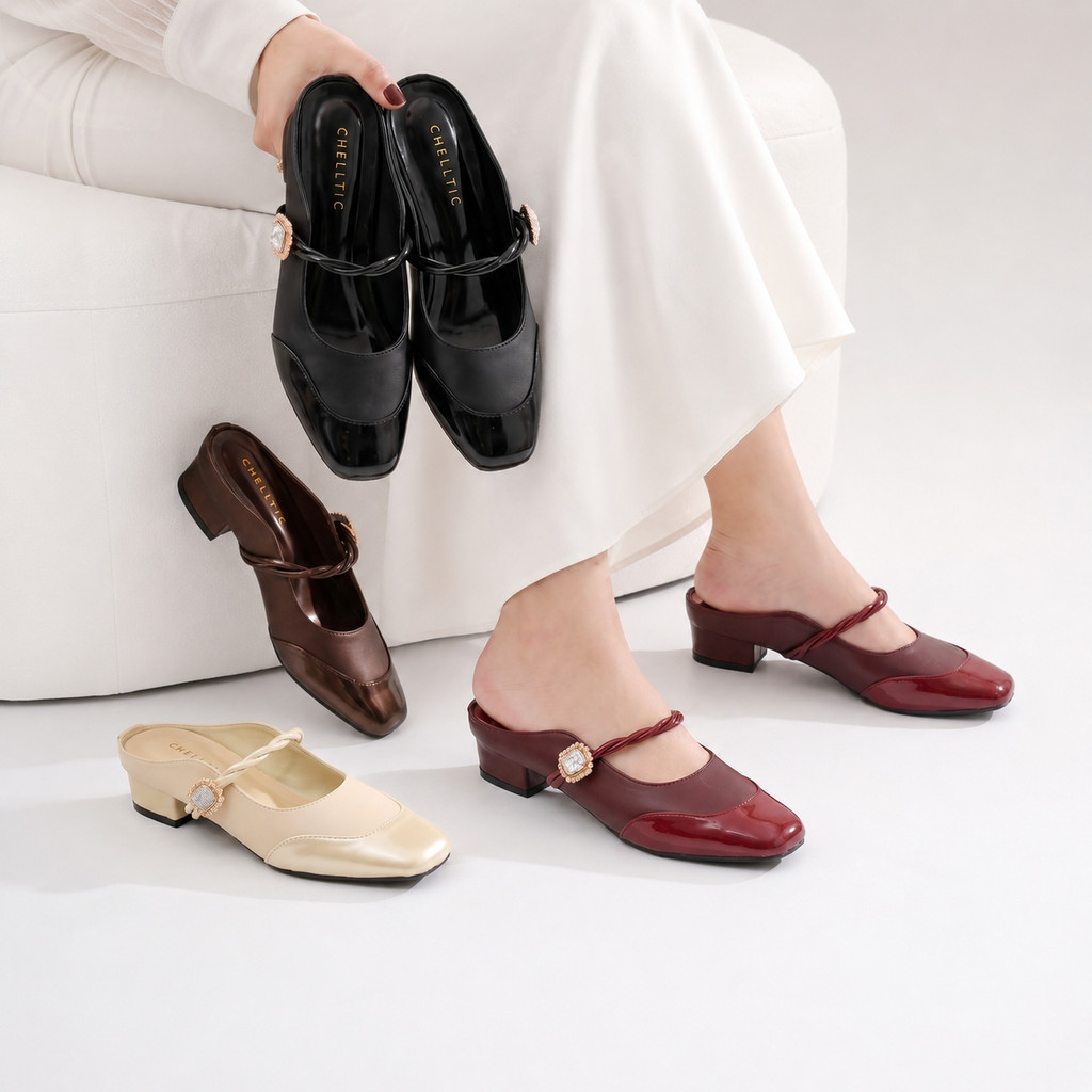 CHELLTIC Sepatu Sandal Wanita Flatshoes Korean Style Mules Mary Jane Hak Tahu 3cm Elegan Kondangan