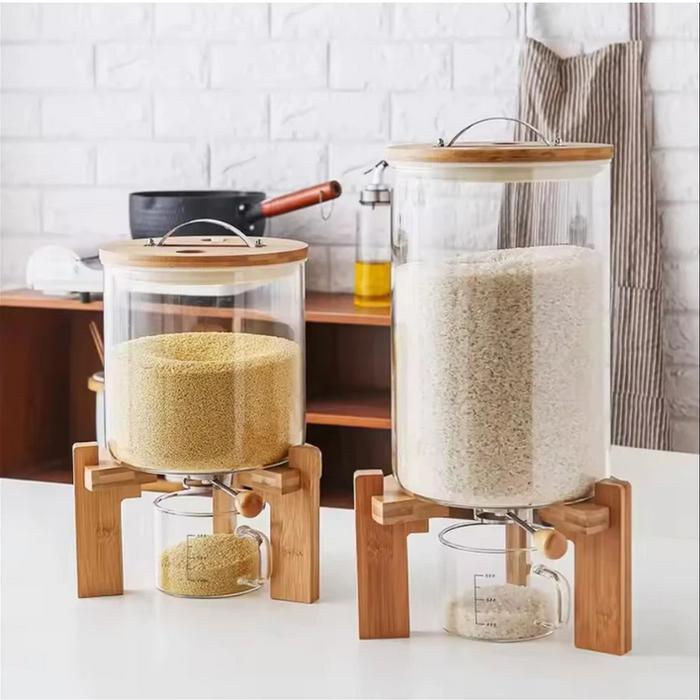 Dispenser Kaca Dispenser Makanan Kering Beras Dengan Penutup Kayu