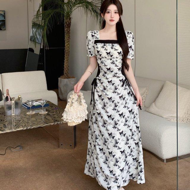 Gaun Wanita Panjang Motif Kupu-Kupu Lengan Pendek / Dress Elegan Korea Style Flowy / Dress untuk Han