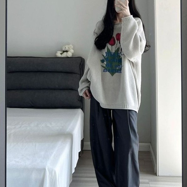 [Beruang kutub] Sweater abu-abu untuk wanita pakaian luar longgar gaya malas desain pullover