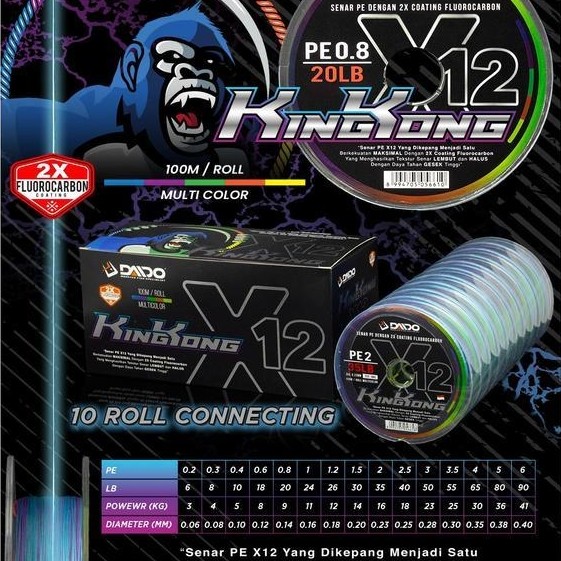 SENAR DAIDO KINGKONG X12 MULTI COLOUR PE 0.2 SAMPAI PE 6 100M - PE 0.2 100M