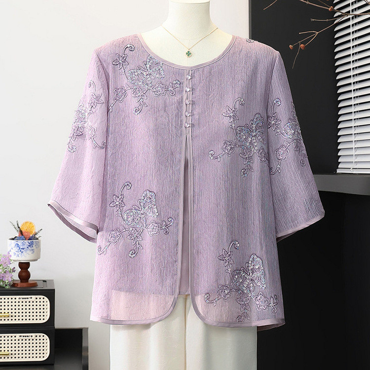 2026 baru ibu lengan menengah renda jaring baju meriah yang populer pakaian wanita yang lebih tua mu
