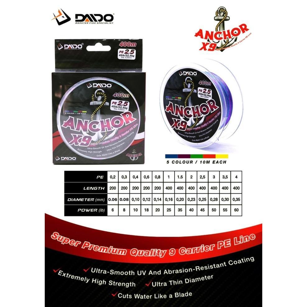 Promo Best SENAR DAIDO ANCHOR X9 MULTI COLOR PE 0.2 SAMPAI PE 4.0 - 200M PE0.2, Standar