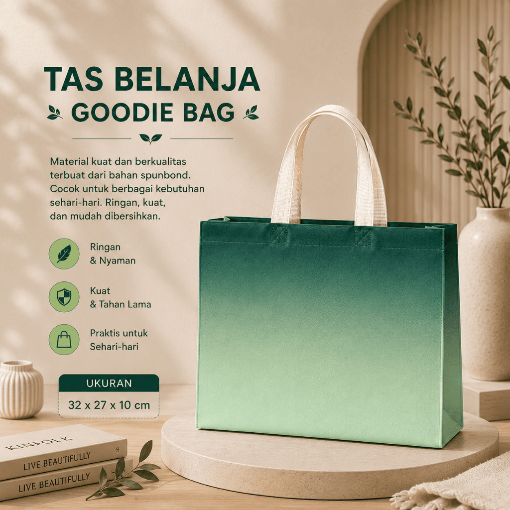 Goodie Bag Spunbond Gradasi Hijau / Tas Belanja Supermarket Eco Friendly Kuat Tebal / Kantong Bingki