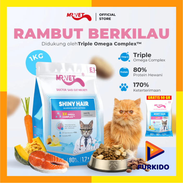 MrVet E1 Cat Shiny Hair Salmon Holistic 1 Kg / Triple-Omega Triple Glow Dari Salmon Norwegia / Makan