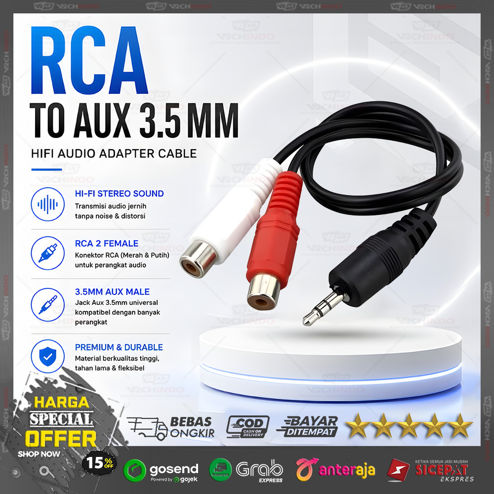Kabel Audio RCA ke AUX Female / Stereo Converter / Adapter | TV DVD ke Speaker & Amplifier | Anti No