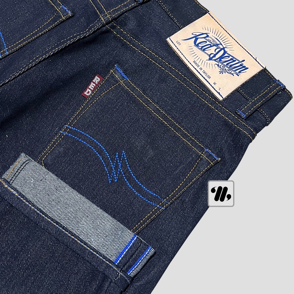 RED DENIM - Denim Sanforized Black Indigo 15Oz Sanforized Raw Denim Accent Selvedge Original