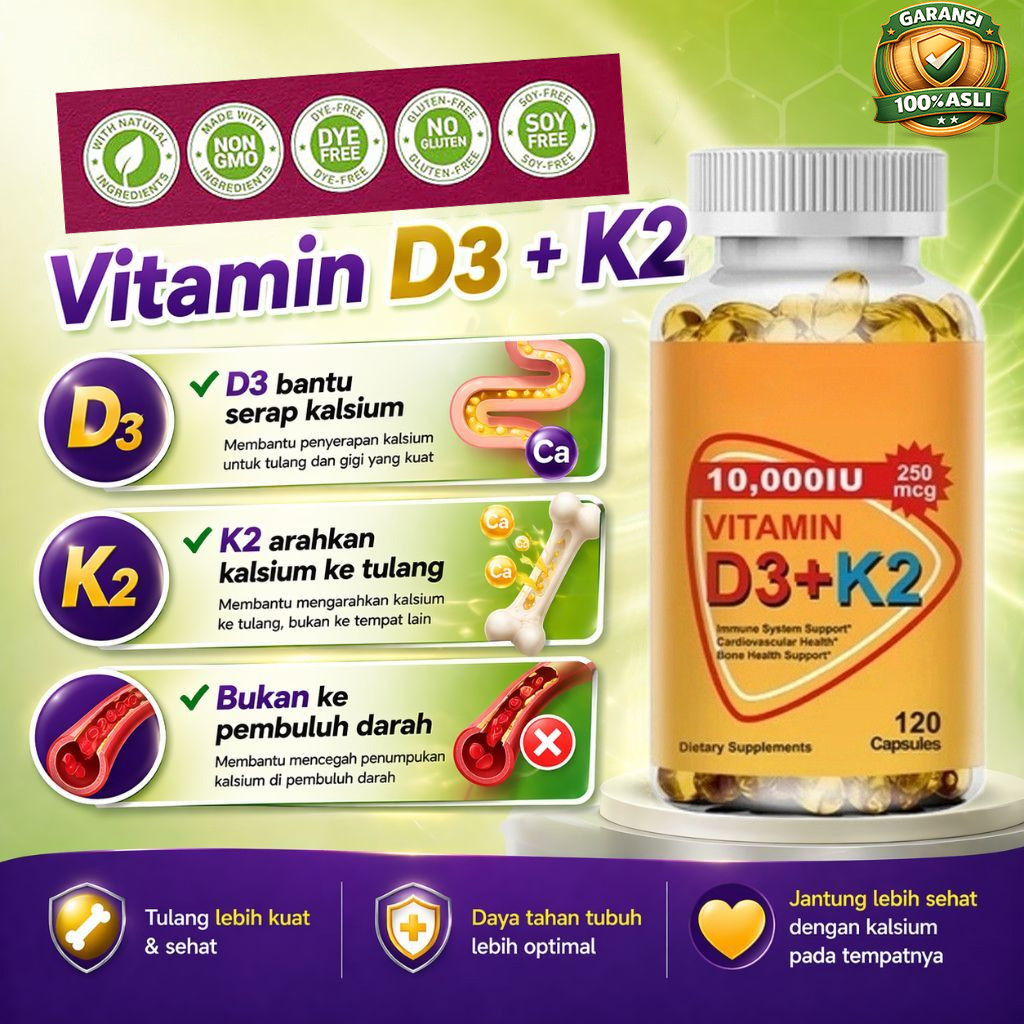 [100% Asli]  10000 IU Vitamin D3 K2 Kapsul Formula Kesehatan Tulang & Jantung, Dukungan Otot & Kekeb