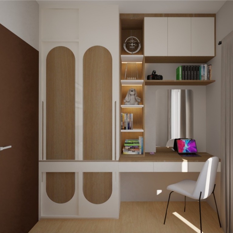 Custom Built-in Wardrobe + Meja Kerja HPL Luar-Dalam