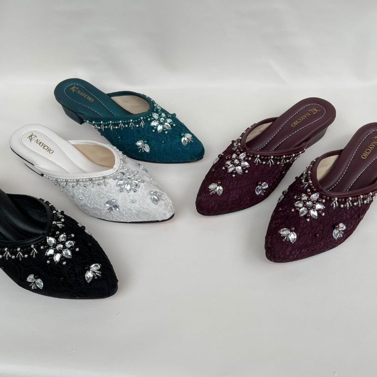 Sendal Wanita Wedding Shoes Brukat Payet Premium Heels 3cm