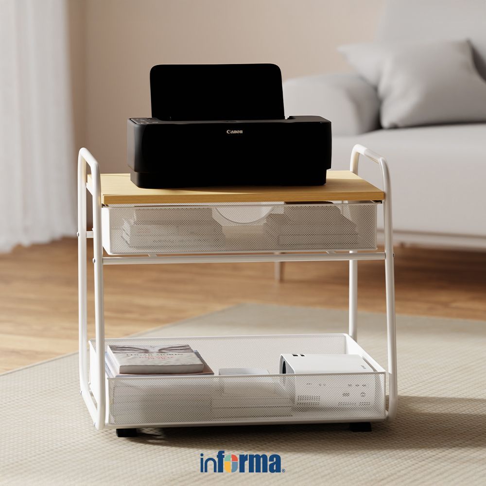 Informa Stanis Rak Troli 2 Tingkat Dengan Drawer - Putih Rak Printer Rak Buku Rak Portable Rak Doron