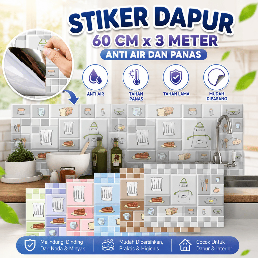 Wallpaper Stiker Dinding Ukuran 60cm x 3m Pelapis Tembok Ruang Dapur Anti Minyak/Air/Tahan Suhu Pana