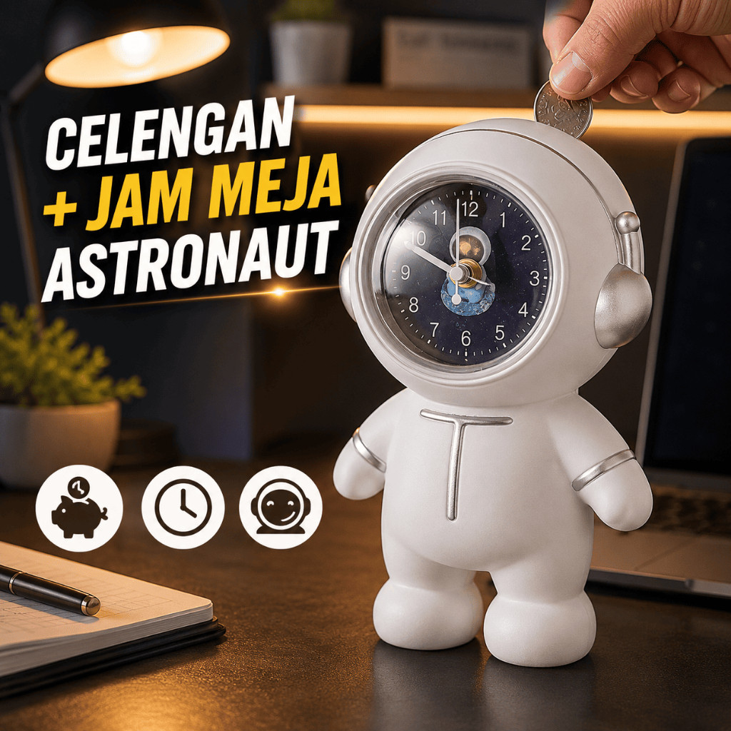 Celengan Astronot Jam Meja Lucu Multifungsi Celengan Koin Uang Hiasan Meja Kamar Anak Hadiah Unik