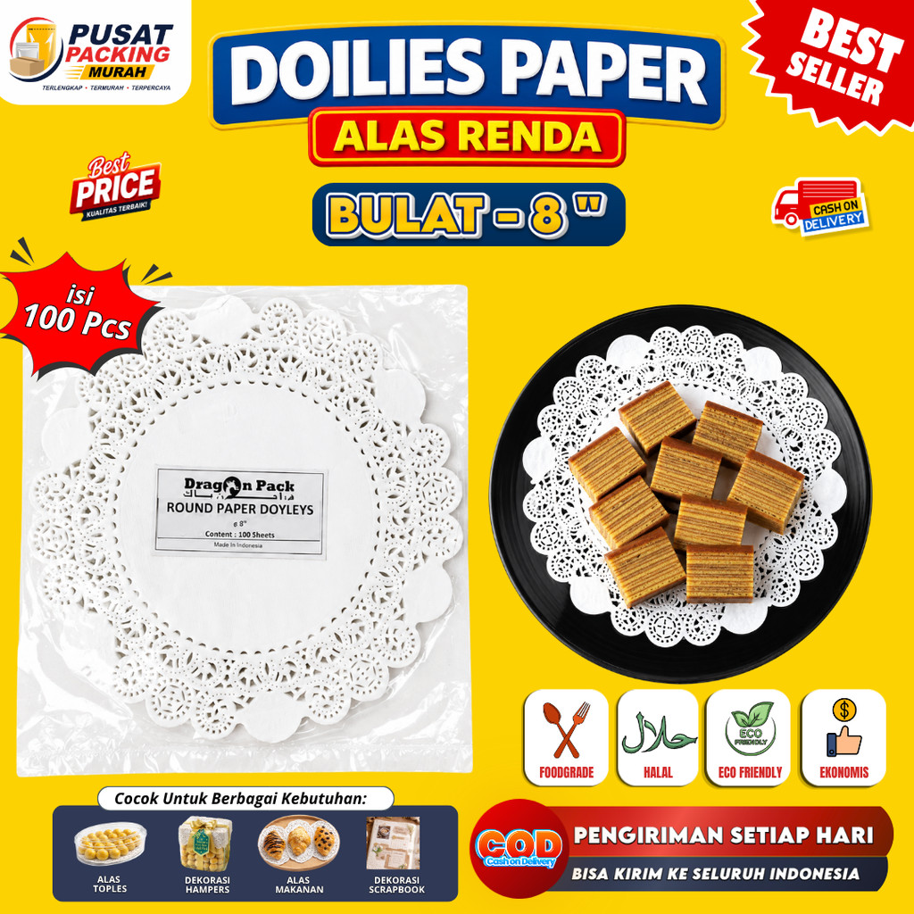 Paper Doilies 8" Inch Isi 100 pcs Kertas Doyleys 20 cm Alas Kue Renda Round White Dragon Pack