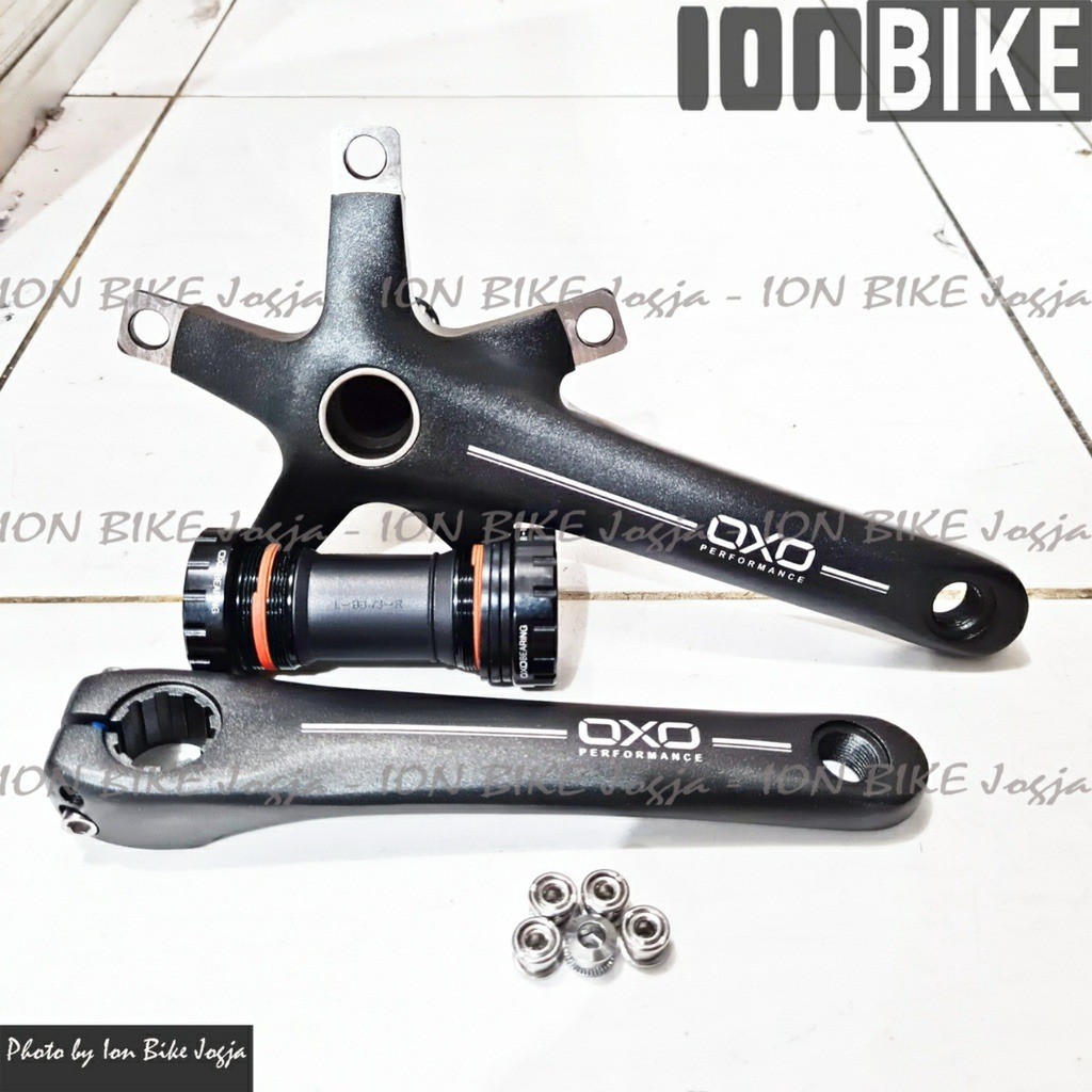Crank Arm Oxo Black Gold Red BCD130 Hollowtech 2 Bonus BB HT2 - Crankset Hollow Tech Seli Sepeda Lip