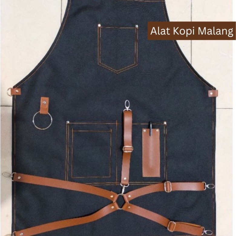 Apron Barista Bahan Canvas Strap kulit Sintetis