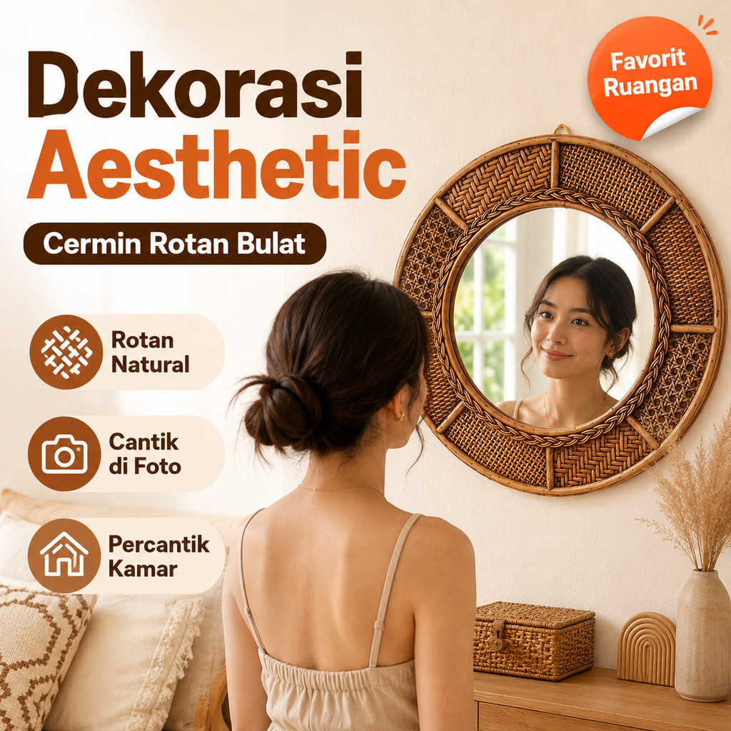 Cermin Dinding Rotan Bulat Aesthetic Dekorasi Rumah / Anyaman Rattan Handmade