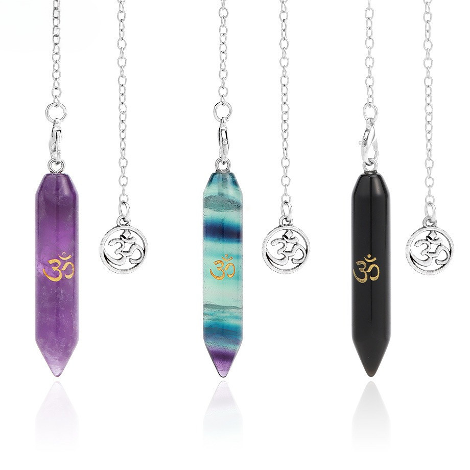 Liontin pendulum silinder kristal batu alam, batu berkilau warna-warni, pendulum simbol 3D terukir.