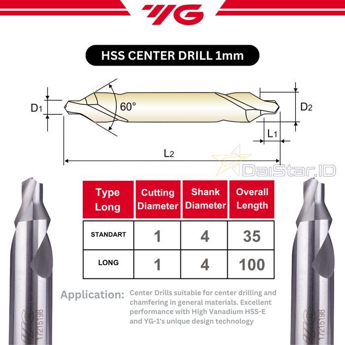 YG-1 Center Drill 1|1.5|2|2.5|3|4|5|6 mm Standart Long 100mm HSS YG-1 Center Bor YG1 - 1mm, Standart