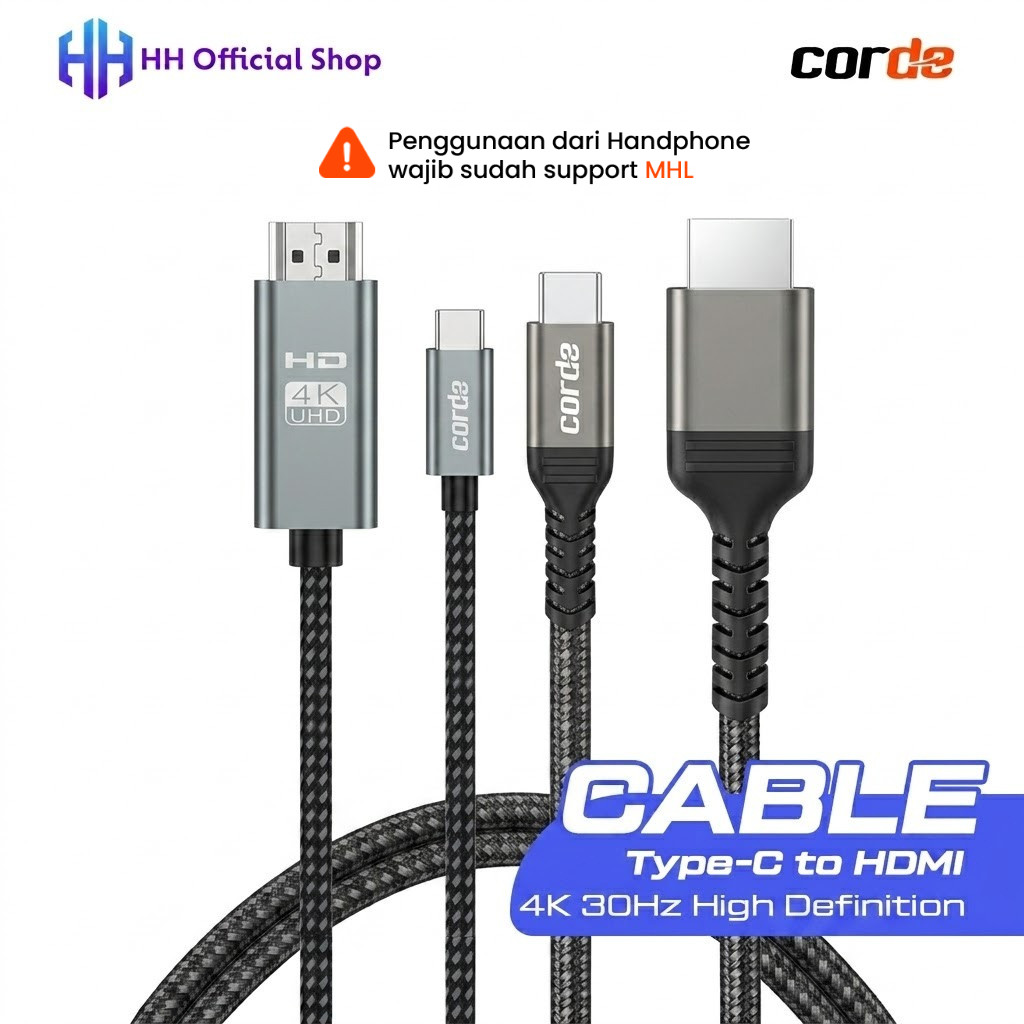 CORDE Kabel HDMI Type-C to HDMI 4K 30Hz | Kabel HDMI HP, Laptop & Tablet ke TV Proyektor