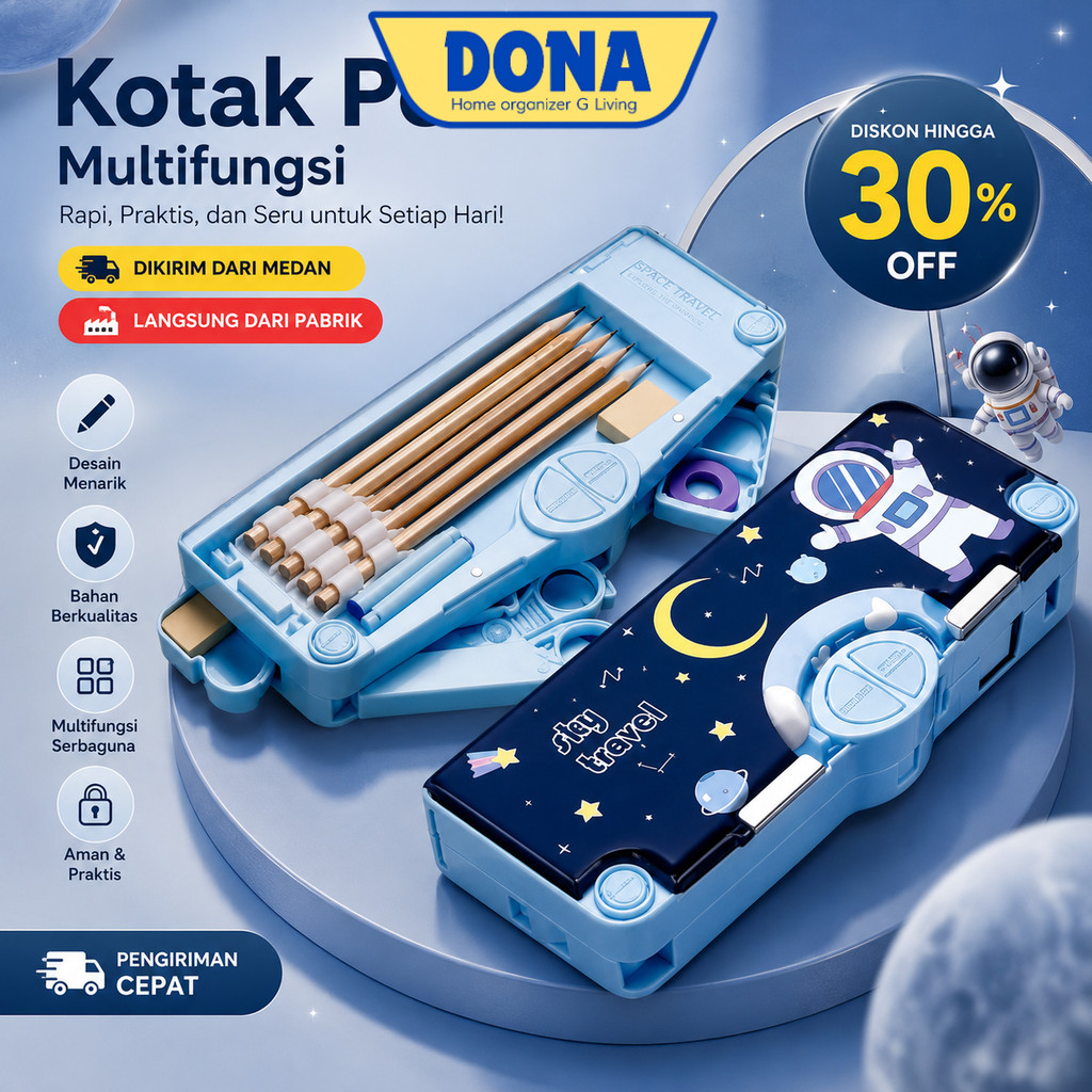 DONA - Kotak Pensil Multifungsi Lengkap Peruncing Gunting | Tempat Pensil Mekanik Anak Sekolah TK SD