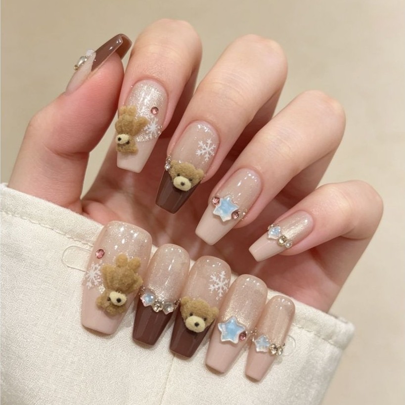 VG 113 Press On Nail Art / Kuku Palsu Tangan Set " Brown Bear Cat Eye"