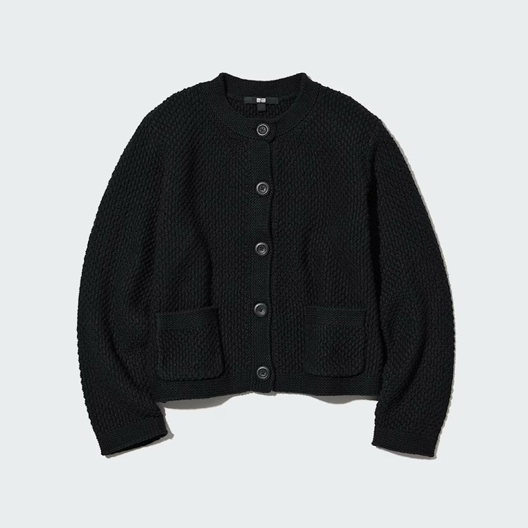 INCLUDE ADMIN| UNIQLO KNITTED SHORT CARDIGAN TWEED LOOK IN BLACK COLOR (M)