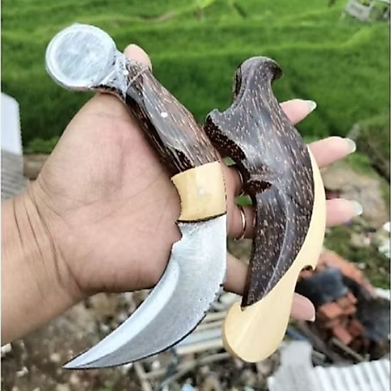 GS/ Pisau Kerambit Ukir Baja Asli Kayu Jati / Kopi / aren siap pakai