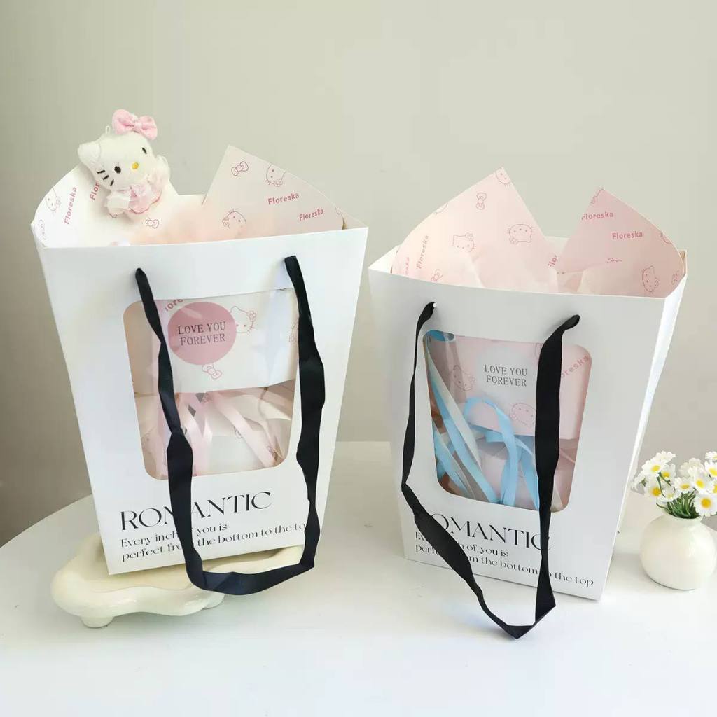 Tas Buket Romantic/ Paperbag Tenteng Transparan Buket Bunga/Tas Kertas Kantong Buket Bunga Souvenir