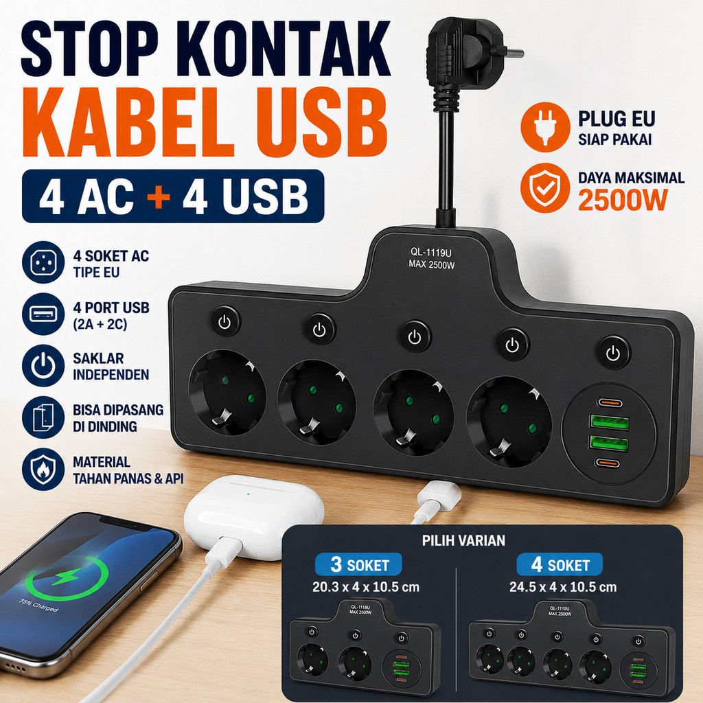 Stop Kontak Kabel Power Strip 3 4 Soket Saklar Colokan Listrik Rumah Kantor Multi Plug Port USB A Ty