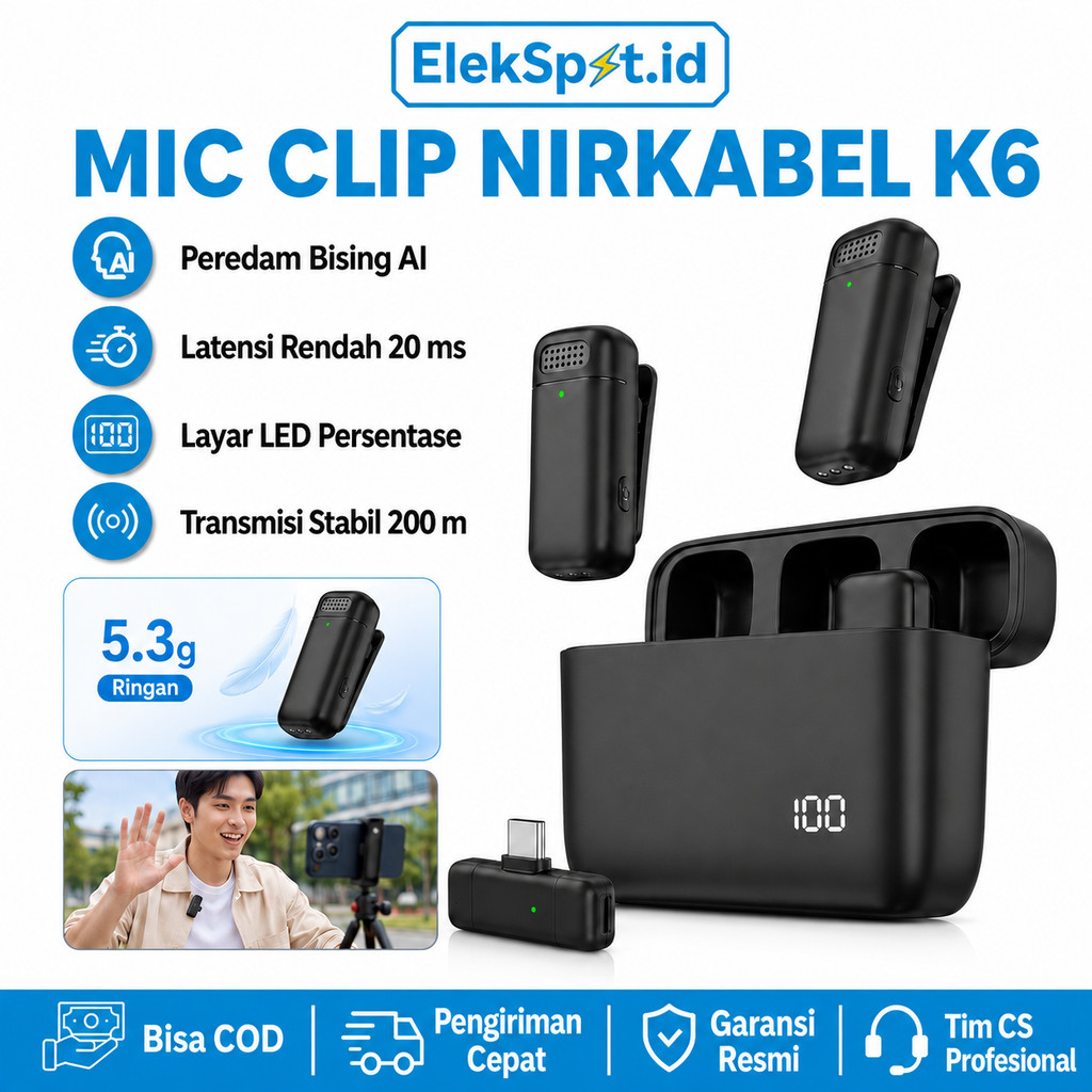 K6 Mic Wireless Dual Lavalier Mikrofon Clip On AI Noise Cancelling Plug & Play Nirkabel Charging Cas