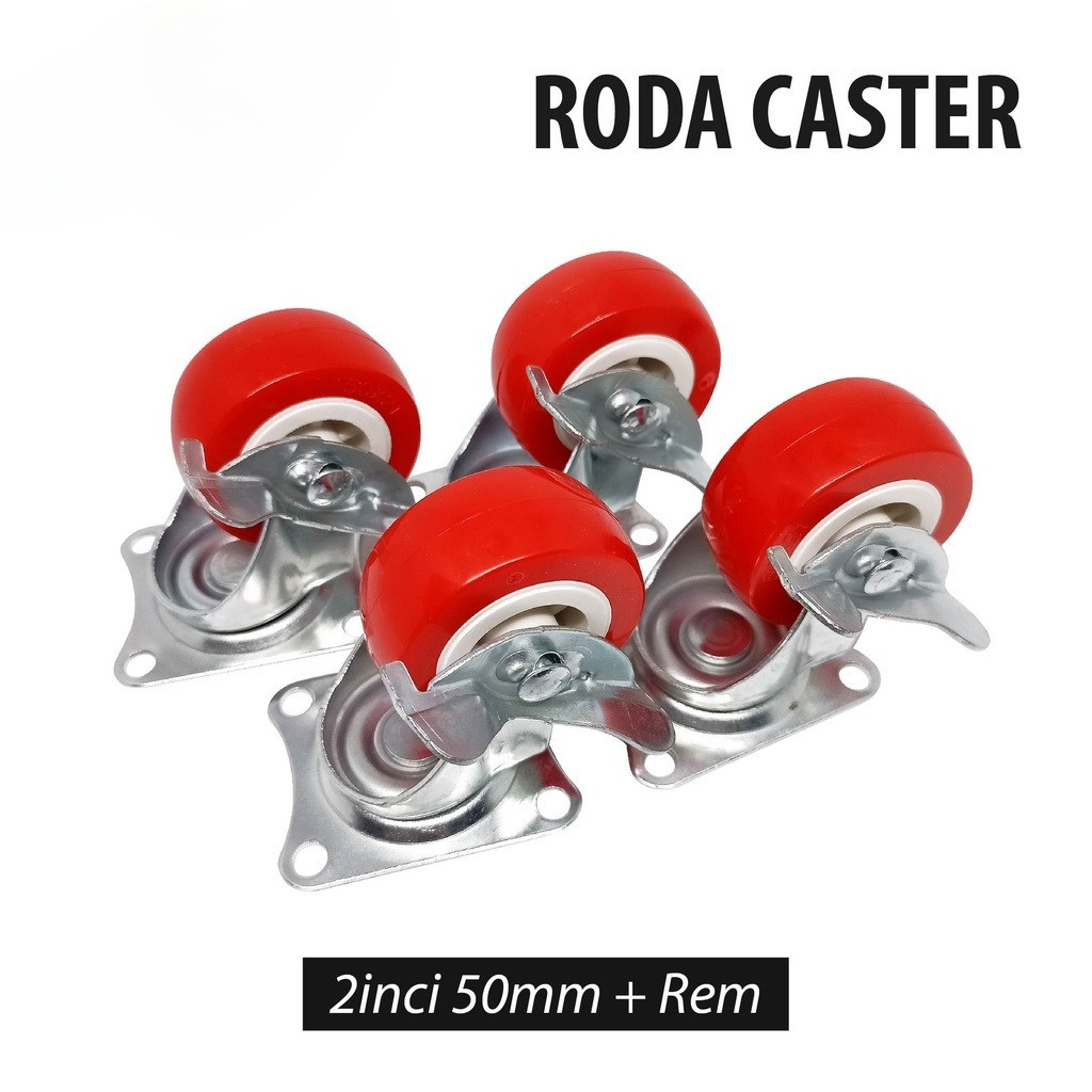 [ 4 PCS ] Roda 2 Inch Merah Rem 4Pcs / Roda Troli 2inch 4Pcs / Roda Merah 2" Dengan Rem