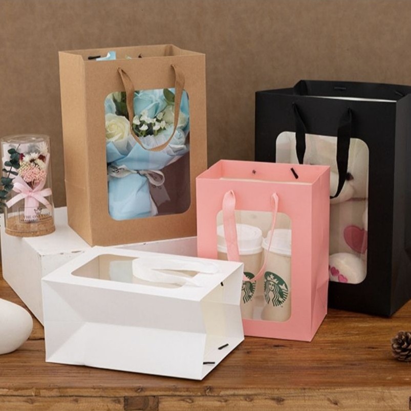 Paper Bag Ribbon Handle Transparan Jendela Plastik / Tas Kertas Hadiah Pegangan Pita Goodie Bag Gift
