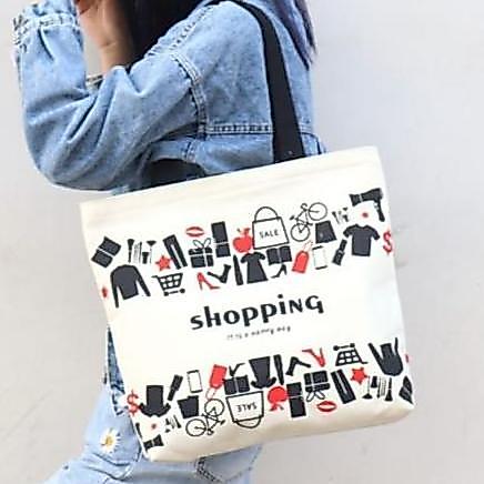 Totebag Korea Wanita Full Print Serat Korea Resleting Polos Kanvas D300 40x35